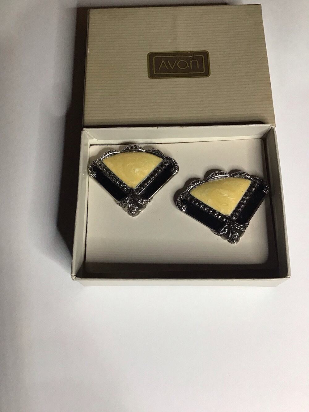 Vintage Avon 1989 Art Deco Enamel Faux Marcasite Fan Earrings Silver Tone Post